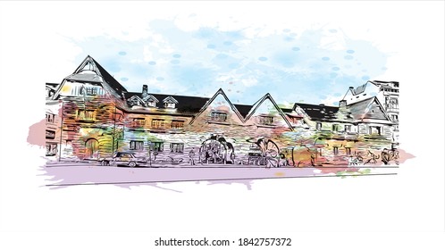 Building view with landmark of San Carlos de Bariloche is a town in Argentina. Watercolor splash with hand drawn sketch illustration in vector.