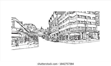 Building view with landmark of San Carlos de Bariloche is a town in Argentina. Hand drawn sketch illustration in vector.