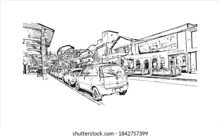 Building view with landmark of San Carlos de Bariloche is a town in Argentina. Hand drawn sketch illustration in vector.