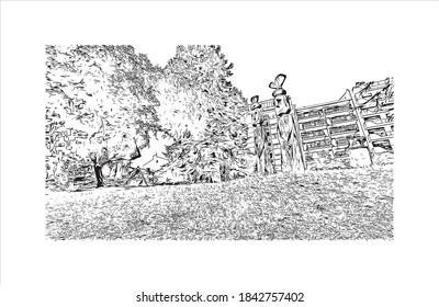 Building view with landmark of San Carlos de Bariloche is a town in Argentina. Hand drawn sketch illustration in vector.