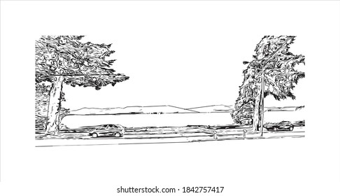 Building view with landmark of San Carlos de Bariloche is a town in Argentina. Hand drawn sketch illustration in vector.