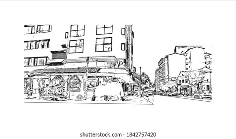 Building view with landmark of San Carlos de Bariloche is a town in Argentina. Hand drawn sketch illustration in vector.