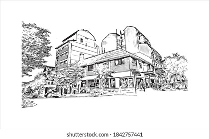 Building view with landmark of San Carlos de Bariloche is a town in Argentina. Hand drawn sketch illustration in vector.