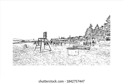 Building view with landmark of San Carlos de Bariloche is a town in Argentina. Hand drawn sketch illustration in vector.