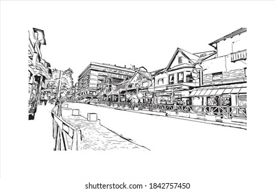 Building view with landmark of San Carlos de Bariloche is a town in Argentina. Hand drawn sketch illustration in vector.