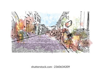 Building view with landmark of  San Cristobal de las Casas is the 
town in Mexico. Watercolor splash with hand drawn sketch illustration in vector.