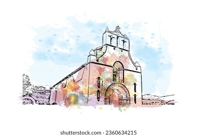 Building view with landmark of  San Cristobal de las Casas is the 
town in Mexico. Watercolor splash with hand drawn sketch illustration in vector.