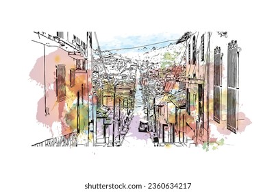 Building view with landmark of  San Cristobal de las Casas is the 
town in Mexico. Watercolor splash with hand drawn sketch illustration in vector.