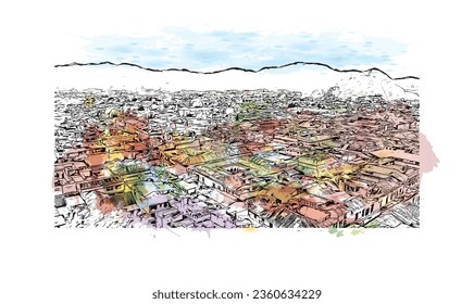 Building view with landmark of  San Cristobal de las Casas is the 
town in Mexico. Watercolor splash with hand drawn sketch illustration in vector.