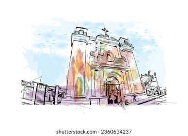 Building view with landmark of  San Cristobal de las Casas is the 
town in Mexico. Watercolor splash with hand drawn sketch illustration in vector.