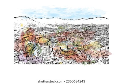 Building view with landmark of  San Cristobal de las Casas is the 
town in Mexico. Watercolor splash with hand drawn sketch illustration in vector.