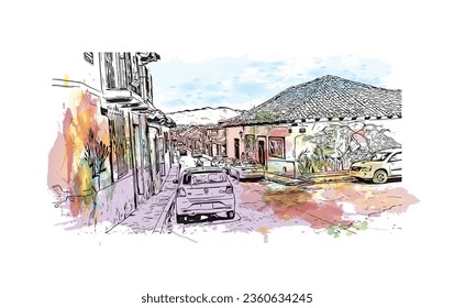 Building view with landmark of  San Cristobal de las Casas is the 
town in Mexico. Watercolor splash with hand drawn sketch illustration in vector.