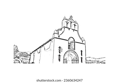 Building view with landmark of  San Cristobal de las Casas is the 
town in Mexico. Hand drawn sketch illustration in vector.