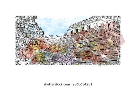 Building view with landmark of  San Cristobal de las Casas is the 
town in Mexico. Watercolor splash with hand drawn sketch illustration in vector.