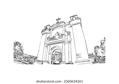 Building view with landmark of  San Cristobal de las Casas is the 
town in Mexico. Hand drawn sketch illustration in vector.