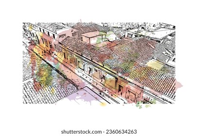 Building view with landmark of  San Cristobal de las Casas is the 
town in Mexico. Watercolor splash with hand drawn sketch illustration in vector.