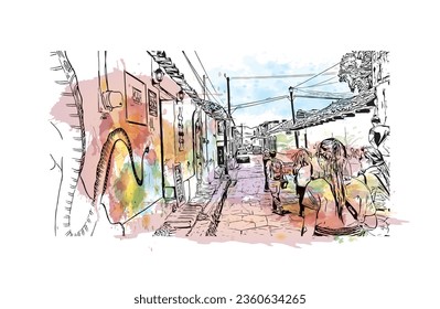 Building view with landmark of  San Cristobal de las Casas is the 
town in Mexico. Watercolor splash with hand drawn sketch illustration in vector.