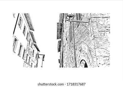 Building view with landmark of San Gimignano is an Italian hill town in Tuscany, southwest of Florence. Hand drawn sketch illustration in vector.