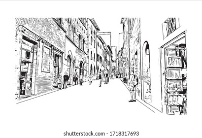 Building view with landmark of San Gimignano is an Italian hill town in Tuscany, southwest of Florence. Hand drawn sketch illustration in vector.