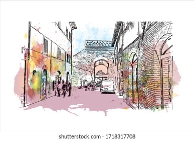 Building view with landmark of San Gimignano is an Italian hill town in Tuscany, southwest of Florence. Watercolor splash with Hand drawn sketch illustration in vector.