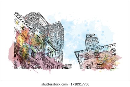 Building view with landmark of San Gimignano is an Italian hill town in Tuscany, southwest of Florence. Watercolor splash with Hand drawn sketch illustration in vector.