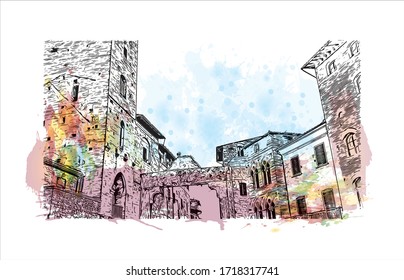 Building view with landmark of San Gimignano is an Italian hill town in Tuscany, southwest of Florence. Watercolor splash with Hand drawn sketch illustration in vector.