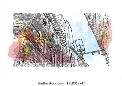 Building View With Landmark Of San Gimignano Is An Italian Hill Town In Tuscany, Southwest Of Florence. Watercolor Splash With Hand Drawn Sketch Illustration In Vector.