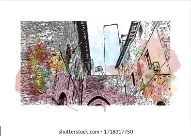 Building view with landmark of San Gimignano is an Italian hill town in Tuscany, southwest of Florence. Watercolor splash with Hand drawn sketch illustration in vector.