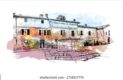 Building view with landmark of San Gimignano is an Italian hill town in Tuscany, southwest of Florence. Watercolor splash with Hand drawn sketch illustration in vector.