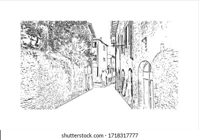 Building view with landmark of San Gimignano is an Italian hill town in Tuscany, southwest of Florence. Hand drawn sketch illustration in vector.