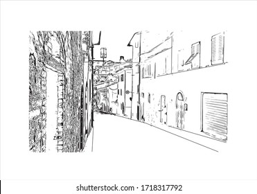 Building view with landmark of San Gimignano is an Italian hill town in Tuscany, southwest of Florence. Hand drawn sketch illustration in vector.