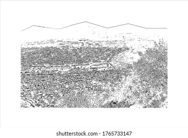 Building view with landmark of San Cristóbal is a hill in northern Santiago, Chile. Hand drawn sketch illustration in vector.