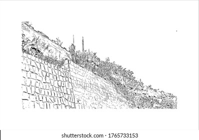 Building view with landmark of San Cristóbal is a hill in northern Santiago, Chile. Hand drawn sketch illustration in vector.