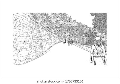 Building view with landmark of San Cristóbal is a hill in northern Santiago, Chile. Hand drawn sketch illustration in vector.