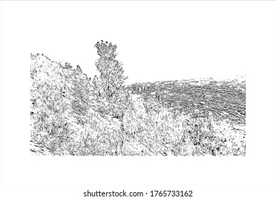 Building view with landmark of San Cristóbal is a hill in northern Santiago, Chile. Hand drawn sketch illustration in vector.