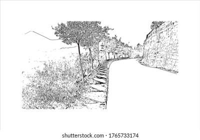 Vista de edificio con monumento de San Cristóbal es una colina en el norte de Santiago, Chile. Dibujo a mano de ilustración de esbozo en vector.