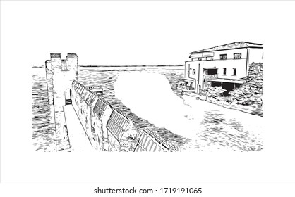 Building view with landmark of San Marino is a mountainous microstate surrounded by north-central Italy. Hand drawn sketch illustration in vector.