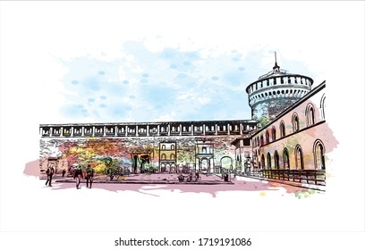 Building view with landmark of San Marino is a mountainous microstate surrounded by north-central Italy. Watercolor splash with Hand drawn sketch illustration in vector.
