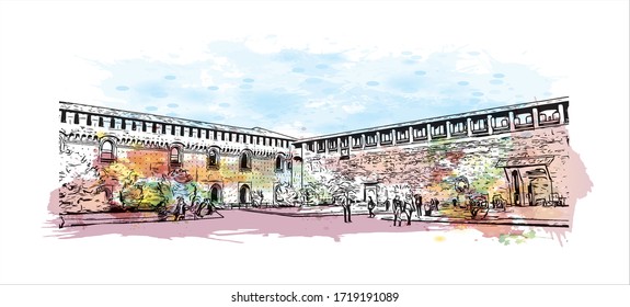 Building view with landmark of San Marino is a mountainous microstate surrounded by north-central Italy. Watercolor splash with Hand drawn sketch illustration in vector.