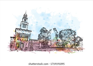 Building view with landmark of San Marino is a mountainous microstate surrounded by north-central Italy. Watercolor splash with Hand drawn sketch illustration in vector.