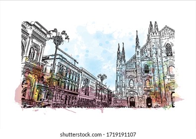 Building view with landmark of San Marino is a mountainous microstate surrounded by north-central Italy. Watercolor splash with Hand drawn sketch illustration in vector.