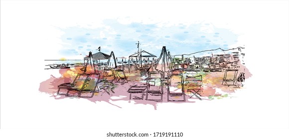 Building view with landmark of San Marino is a mountainous microstate surrounded by north-central Italy. Watercolor splash with Hand drawn sketch illustration in vector.
