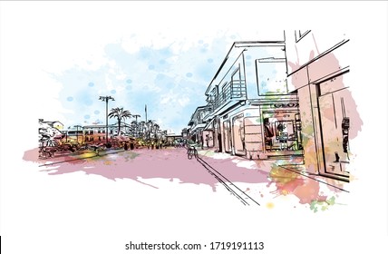 Building view with landmark of San Marino is a mountainous microstate surrounded by north-central Italy. Watercolor splash with Hand drawn sketch illustration in vector.
