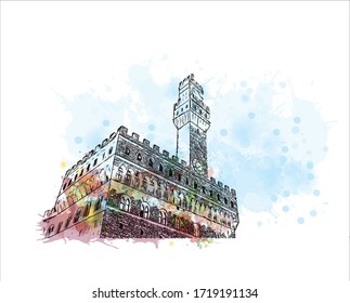 Building view with landmark of San Marino is a mountainous microstate surrounded by north-central Italy. Watercolor splash with Hand drawn sketch illustration in vector.