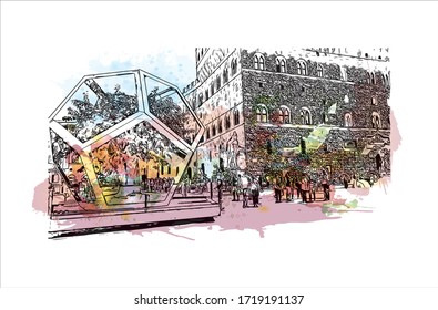 Building view with landmark of San Marino is a mountainous microstate surrounded by north-central Italy. Watercolor splash with Hand drawn sketch illustration in vector.