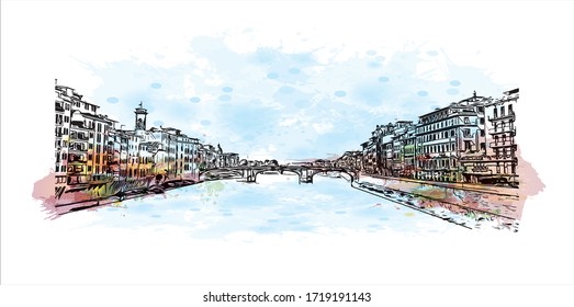 Building view with landmark of San Marino is a mountainous microstate surrounded by north-central Italy. Watercolor splash with Hand drawn sketch illustration in vector.
