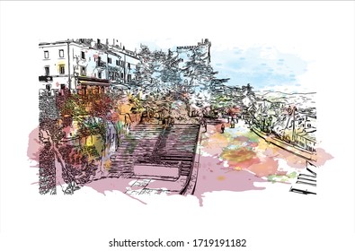 Building view with landmark of San Marino is a mountainous microstate surrounded by north-central Italy. Watercolor splash with Hand drawn sketch illustration in vector.