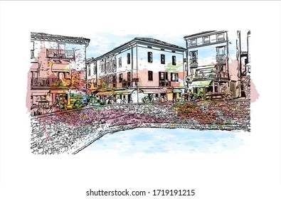 Building view with landmark of San Marino is a mountainous microstate surrounded by north-central Italy. Watercolor splash with Hand drawn sketch illustration in vector.