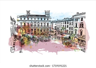 Building view with landmark of San Marino is a mountainous microstate surrounded by north-central Italy. Watercolor splash with Hand drawn sketch illustration in vector.