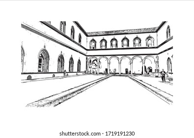 Building view with landmark of San Marino is a mountainous microstate surrounded by north-central Italy. Hand drawn sketch illustration in vector.